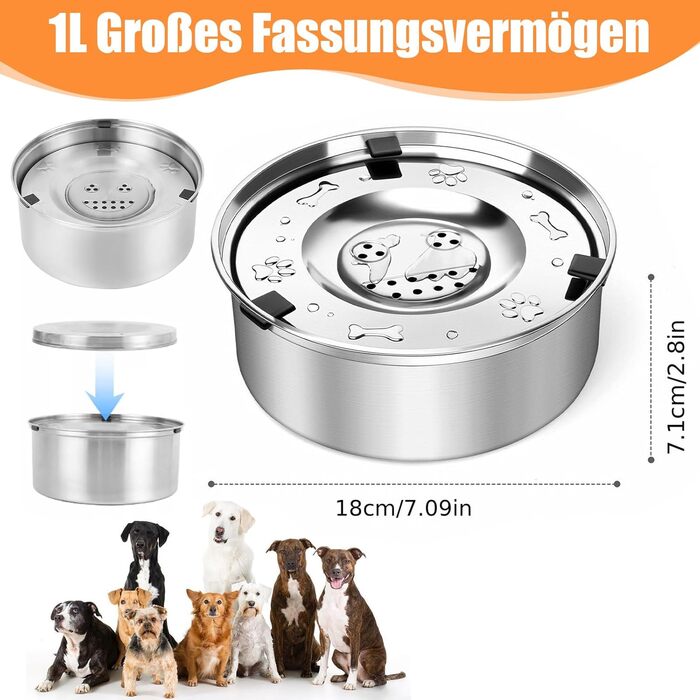 Миска для собак без розливання, нержавіюча сталь, плаваюча годівниця, протиковзна основа, миска без розлиття для цуценят та кошенят, здорове пиття (1л)