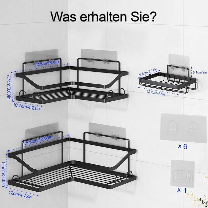 Набір кутових поличок для душу без свердління, 3 шт. з мильничкою, чорного кольору. Організатор для ванної кімнати з 12 гачками. Підходить для ванної та кухні.