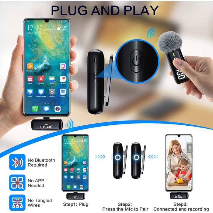 Бездротовий мікрофон-петличка OSA: професійний комплект з двома мікрофонами, Plug-and-Play, для iPhone, Android, камери, ПК (Type-C)