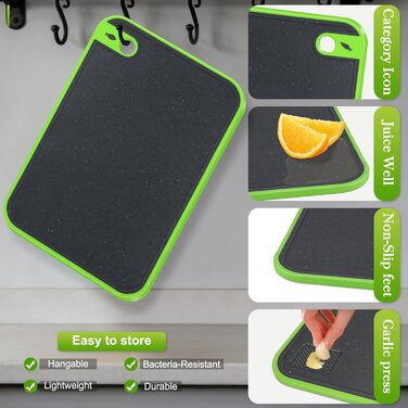 Набір з 3 дощок для нарізання з пластику, кухонні дошки з антибактеріальним покриттям, неслизькі з жолобом для соку та пресом для часнику (червоний, жовтий, зелений)