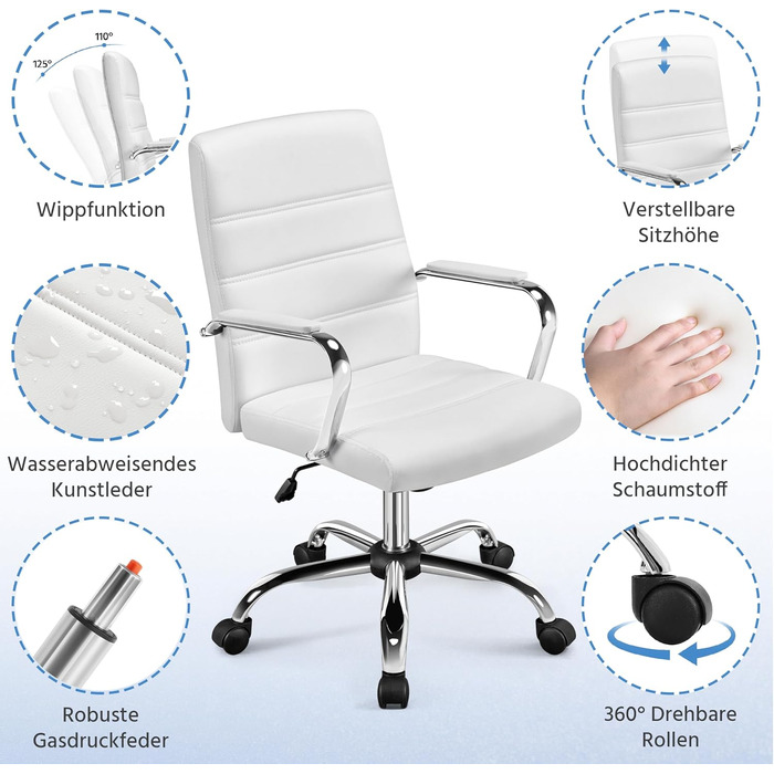 Офісне крісло Yaheetech: ергономічне, з підлокітниками, поворотне, до 130 кг, біле