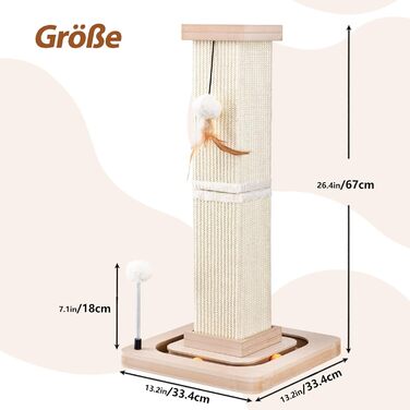 Cat scratching post, 67cm scratching pillar with interactive cat toy, sisal scratching tree with hanging and track balls, cat scratching furniture