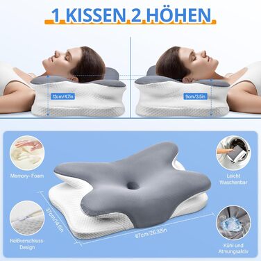 Подушка для шиї Ehomfory з піни Memory Foam, ергономічна для сну на боці, спині та животі, 67x37x9/12 см, сіра