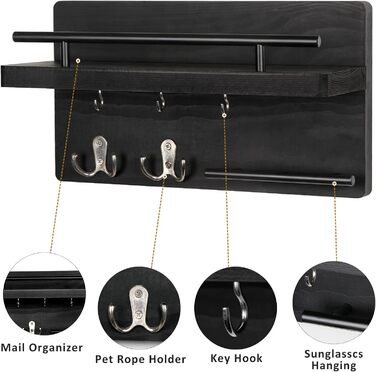 Настінна вішалка для ключів на 5 гачків, дерев'яна дошка для ключів з полицею, настінний органайзер для ключів, рустикальна вішалка для ключів, органайзер для ключів, декор для дому (чорний)