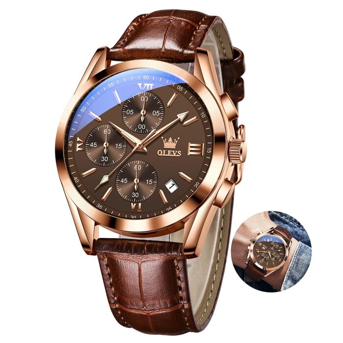 Чоловічий годинник OLEVS Vintage з шкіряним ремінцем, великий циферблат, водонепроникний, аналоговий годинник з датою, коричневий циферблат/коричневий ремінець