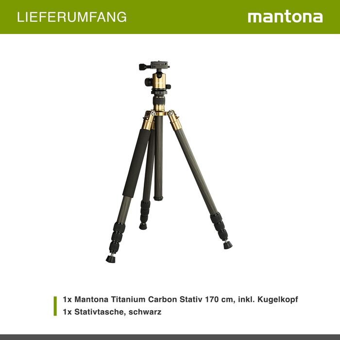 Штатив для камери Mantona Titanium Carbon з кукульним головкою та швидкознімною платформою, 170 см
