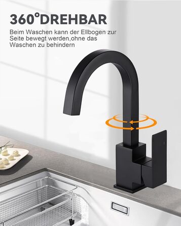 Кухонний змішувач з нержавіючої сталі, 360° поворотний, для кухні, вантажівки, ванної кімнати (чорний)