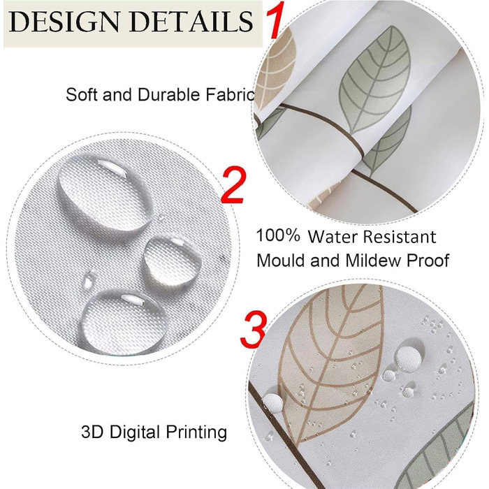 Штора для душу 180x180 см з квітами, антигрибкова, водонепроникна, швидковисихаюча, поліестер, з 12 кільцями