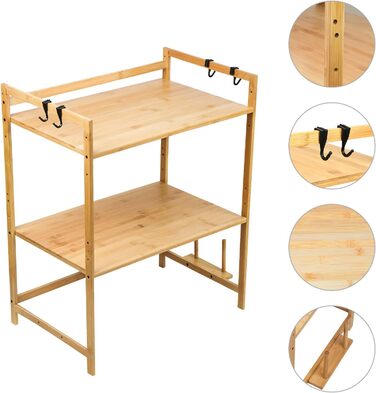 Поличкова система для мікрохвильової печі 3 яруси, органайзер з гачками, розширювана, висувна, 40-64см, з вуглецевої сталі (3 яруси, бамбук, 55x35x67см)