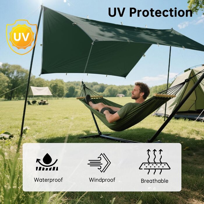 FREE SOLDIER 3x3.2m Waterproof Tarp - Ultralight Camping Shelter, UV Protection, Military Green