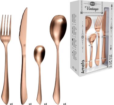 Набір столових приборів Amefa INSTINCT 16 предметів для 4 осіб, нержавіюча сталь 18/0, мідний колір, PVD покриття, вінтажний стиль