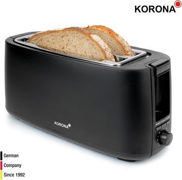 Тостер Korona 21060 на 4 скибки, довгий слот, регулювання ступеня підсмажування, розморожування, підігрів, 1400 Вт, підставка для булочок, піддон для крихт, центрування хліба, чорний матовий