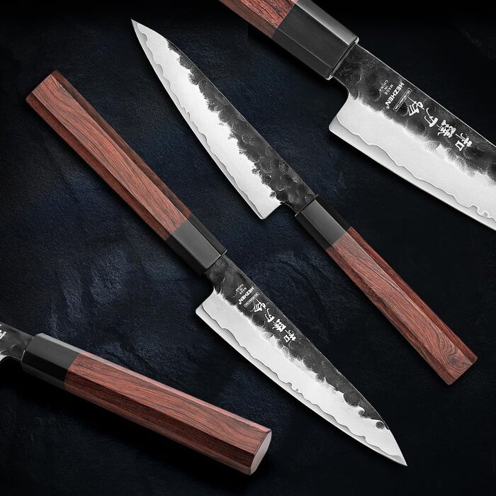 Ніж кухарський Santoku HEZHEN 18,5 см, сталь Дамаск, японський стиль Gyuto, дерев'яна рукоятка