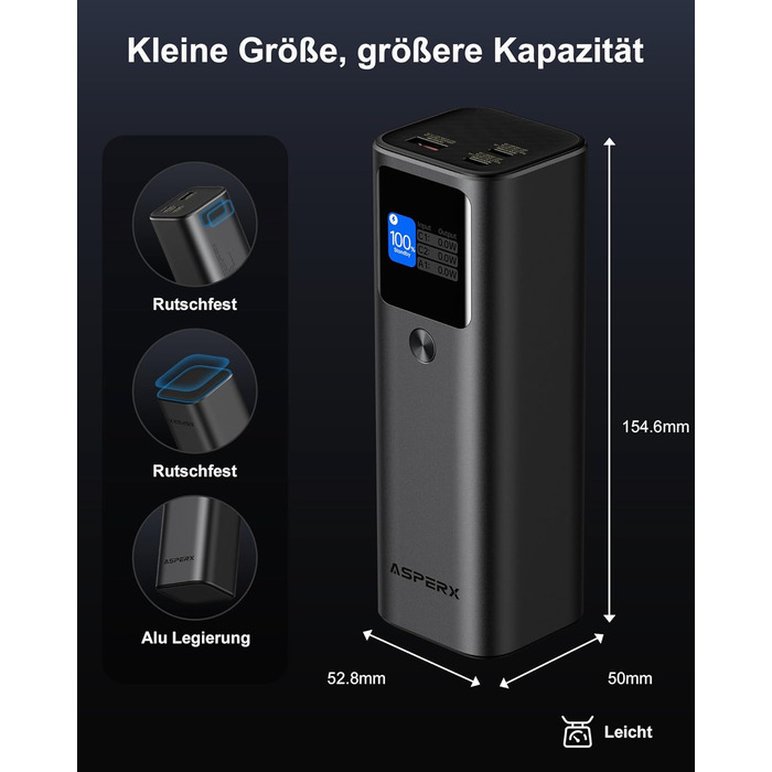 Power Bank AsperX 20000mAh, 165W, USB-C Кабель, для MacBook, Dell, HP, Lenovo, iPad, iPhone, Galaxy