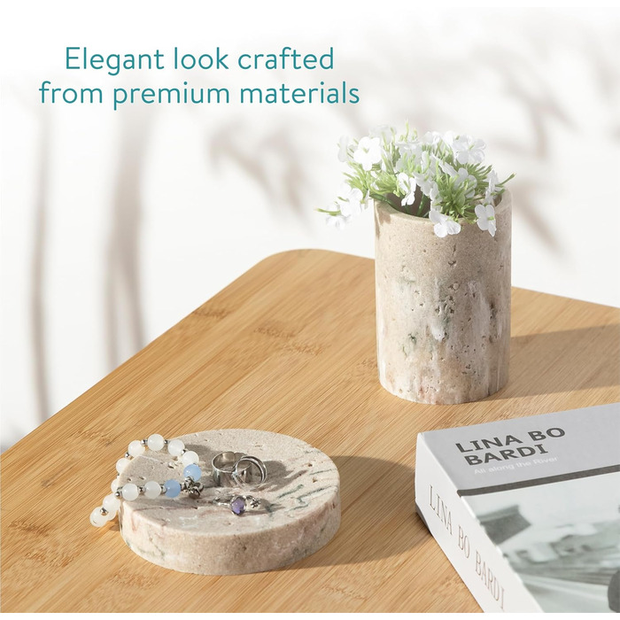 Набір для ванної кімнати Navaris: дозатор для мила, стакан для зубної пасти, 3 шт. - аксесуари для ванної кімнати, набір, штучний камінь, мармур, бежевий