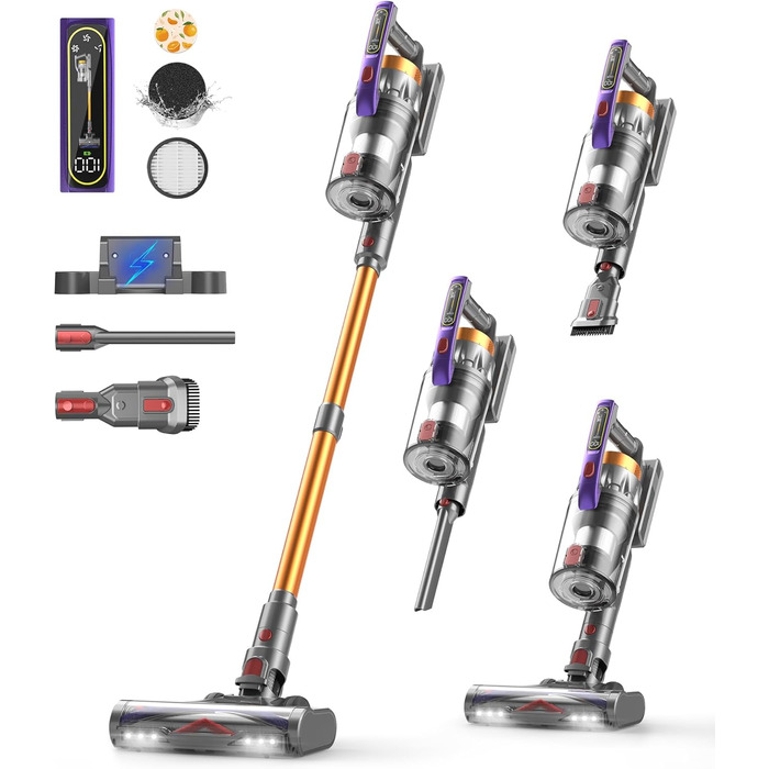 Бездротовий акумуляторний пилосос CHEBIO 580W з LED-дисплеєм, антизаплутувальною насадкою та потужністю 48000Pa. Підходить для прибирання підлоги, килима та шерсті тварин.