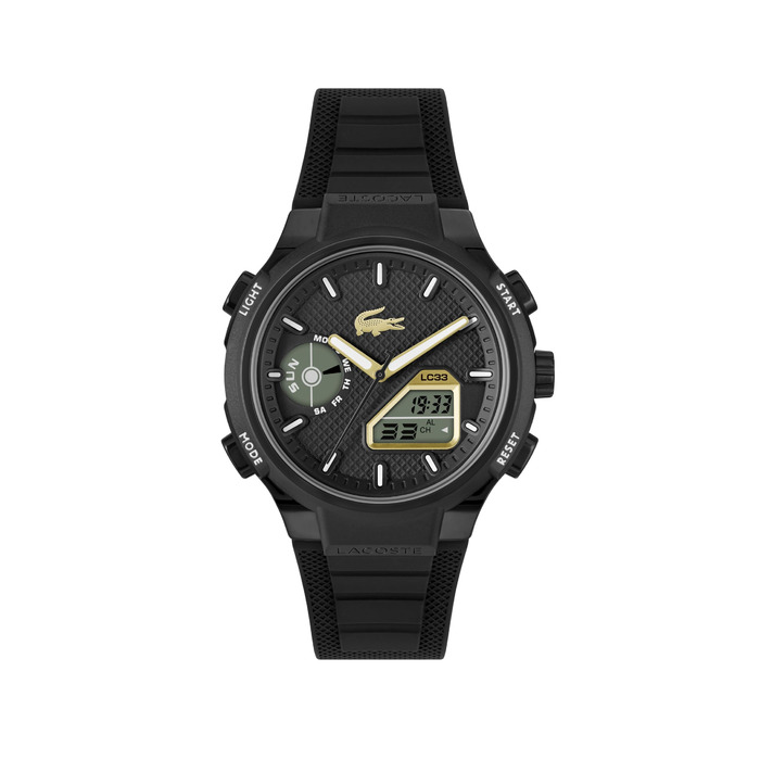 Годинник Lacoste LC33 аналогово-цифровий кварцовий чоловічий з силіконовим ремінцем (Чоловічий, Жіночий, Чорний, Золотий)
