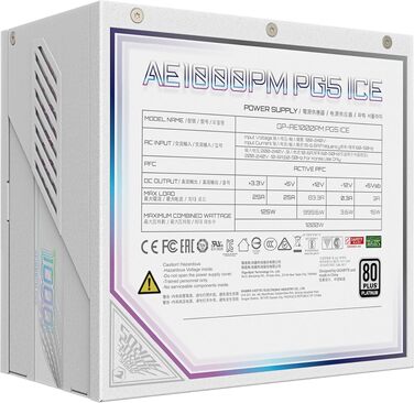 Блок живлення GIGABYTE AORUS Elite P1000W Ice 1000W, PCIe 5.0, 80 Plus Platinum, повністю модульний, ATX 3.0