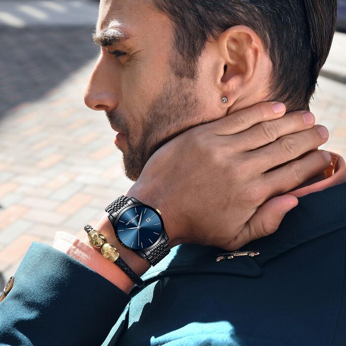 Чоловічий годинник на зап'ясті з нержавіючої сталі, водонепроникний, класичний, з великим циферблатом, мінімалістичний, аналоговий кварцовий годинник для чоловіків, синій, Hg-hlan