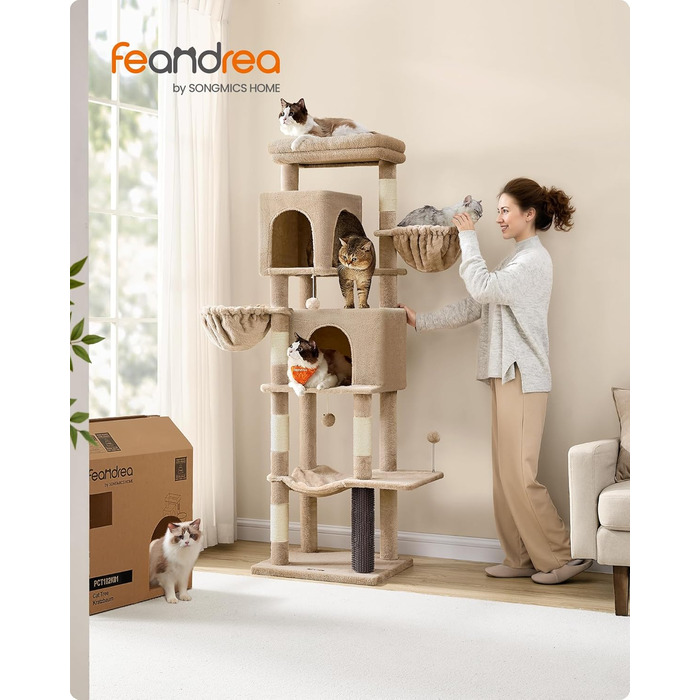 Дерево для котів Feandrea, 175 см, XL, багатоярусне з 2 будиночками, 2 лежаками, 5 стовпчиками для шліфування, щіткою для котів, великою платформою, PCT182G01 (XL, пісочно-коричневий)
