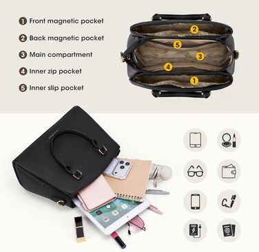 Сумка жіноча RAINSMORE середнього розміру з PU шкіри, чорна. З ручкою та знімним ременем, для планшета 11 дюймів, для роботи та шопінгу