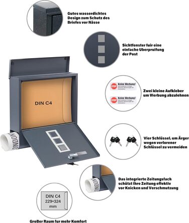 Поштовий ящик Zedelmaier XXL з нержавіючої сталі, індивідуальне гравіювання, 35x35 см, 4 ключі, для листів B5/C4, з газетницею, RAL 7016 Антрацит