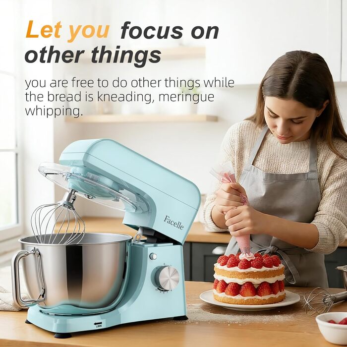 Кухонний комбайн-міксер 1300W з планетарним змішуванням, чаша 5.5л з нержавіючої сталі, 10 швидкостей, набір насадок та захист від бризок, Блакитний