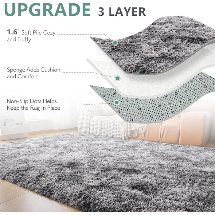 CHOSHOME: М'який килим для спальні/вітальні, сучасний, високий ворс, антиковзаюча підкладка, для дитячої кімнати, шэггі, 90x150 см, 200x290 см (темно-сірий)