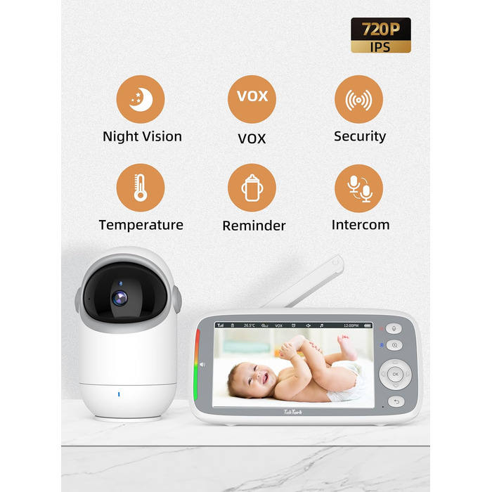 Дитячий відеоняня TakTark з камерою, 5'' IPS екран, поворот 300°, VOX, двосторонній зв'язок, нічне бачення, контроль температури