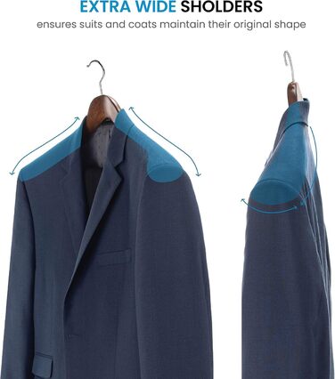 Дерев'яні вішалки для одягу – набір 6 шт. – міцні вішалки з широкими плечима, 6,3 см вигин для піджаків та костюмів, вішалки для штанів з висувним перекладином