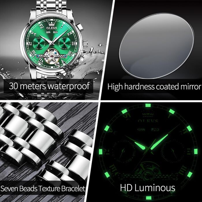 Чоловічий годинник OLEVS Automatik з турбійоном, календарем, чорний, водонепроникний, світлодіодна підсвітка, двоколірний (срібло/зелений)