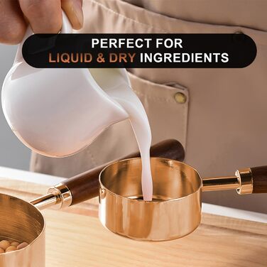 Gold Measuring Cup and Spoon Set with Wooden Handles, Premium Stainless Steel Measuring Spoons and Cups Set, for Cooking and Baking in the Kitchen (Bronze)