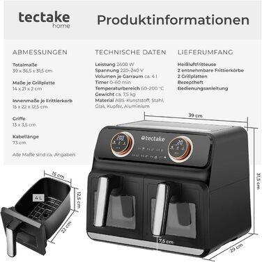 Фритюрниця електрична Tectake з двома камерами XXL 8л, 2400 Вт, з рецептами - аерофритюрниця без олії