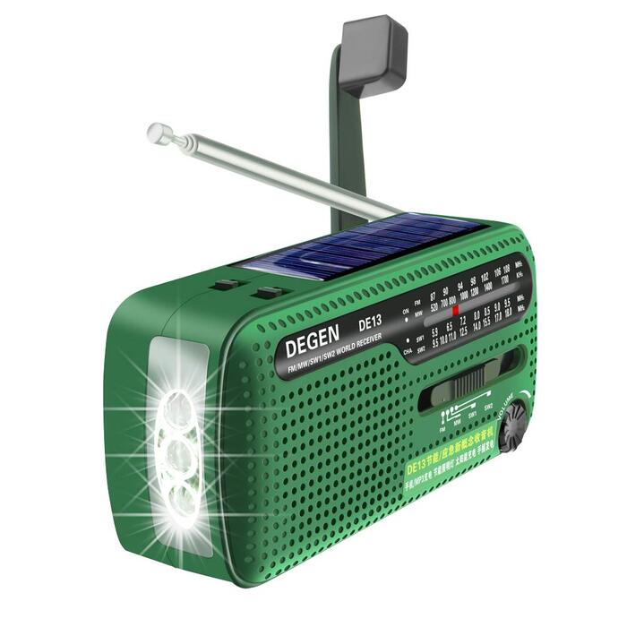 Радіо DEGEN DE13 на сонячних батареях з ручним заводом, FM/AM/SW, LED ліхтарик, Powerbank, для туризму та надзвичайних ситуацій