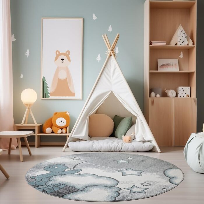 Дитячий килим круглий Elefant, короткий ворс, 120 см, блакитно-сірий. Килим в дитячу кімнату для дівчаток та хлопчиків, м'який, антиалергенний