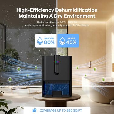 Електричний осушувач повітря для дому, 80м², 2500 мл, автоматичне відтанення, режим сну, захист від вологи та плісняви, для ванної кімнати/спальні, чорний