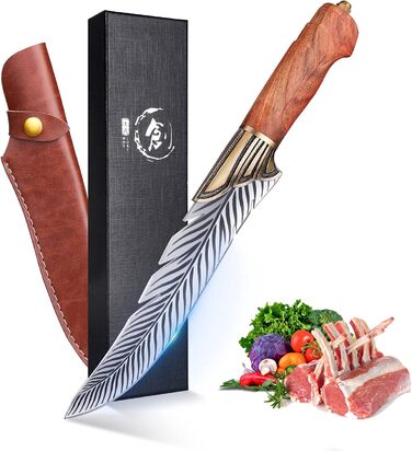 PURPLEBIRD Fillet Knife Sharp De-boning Knife with Wooden Handle, Japanese Cooking Knife with Leather Sheath Outdoor Knife
