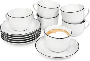 Sänger | 12-Piece Marlo Black Rim Tea/Coffee Set with Saucers, Coffee Cups for 6 People, Porcelain Coffee Set, Coffee Cup with Saucer, White with Black Accents, 200 ml | PREMIUM COLLECTION
