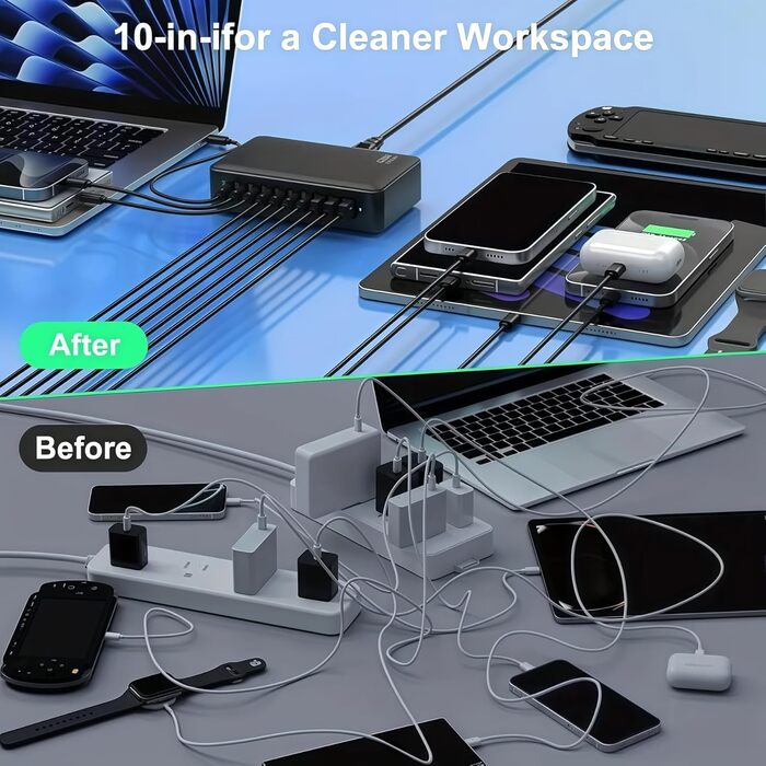 Зарядний пристрій USB-C 620W, 10 портів: Швидка зарядка PD PPS 100W, USB-C для MacBook Pro/Air, iPad, iPhone 16/15/14/13/12 Pro Max, Samsung