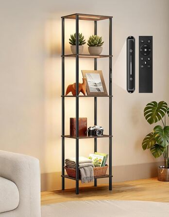 Стійка лампа з полицею, LED, регулювання яскравості, 3 колірні температури, сенсорне та дистанційне керування, полиця для книг, дерев'яна стійка, сучасний дизайн для вітальні, спальні, офісу (Rustic Brown)