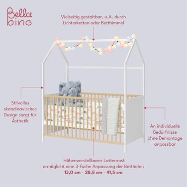 Bellabino Nika Babybett in Hausoptik 70 x 140 cm, crib and house bed for children and babies made of solid pine wood in blue, 3-fold height adjustable including slatted base.