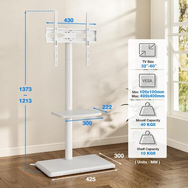 Стійка для телевізора 5Rcom з кронштейном 32-60 дюймів (до 40 кг), біла, VESA 400x400, регульована висота