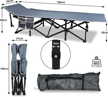 Розкладне ліжко-крісло для кемпінгу з сумкою для зберігання, до 250 кг, 190x62x38 см, для дорослих, відпочинку на природі, в саду, в подорожах