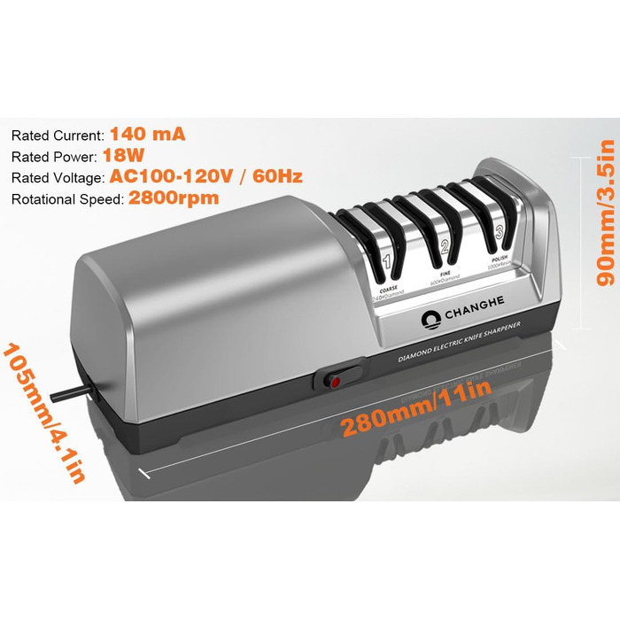 VERSAINSECT Точилка для ножів - електрична, для кухонних та керамічних ножів, 15°, з алмазним абразивом, 3-ступенева, срібна