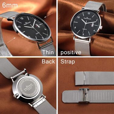 Годинник на зап'ясті Unendlich для чоловіків: ультратонкий, водонепроникний, кварцовий, з мінімалістичним цифровим дисплеєм, з цифровим календарем, для бізнесу та повсякденного носіння, корпус та браслет з нержавіючої сталі (чорний+сріблястий)