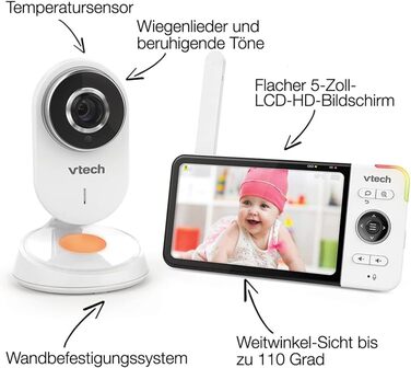 Vtech VM901-1W WiFi камера, дитячий відеомонітор з 5-дюймовим HD-дисплеєм, поворотна камера 1080P, мобільний додаток, широкий кут огляду 120°, сумісність з iOS та Android