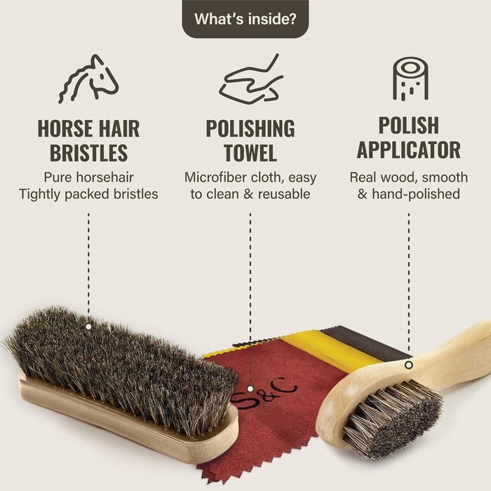 Stone & Clark 12-Piece Leather Shoe Cream & Care Set with Brown Wax, Shoe Brushes for Polishing, Compact Shoe Shine Kit with Horsehair Brushes & PU