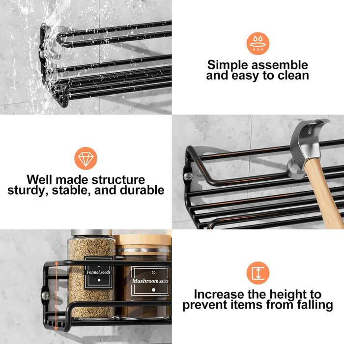 Настінна полиця для спецій, 2 шт. Організатор для спецій без свердління, металевий тримач для спецій з кріпленням на липучках та гвинтами, для кухонної шафи та комори