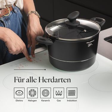Каструля Florina Aluminium Topf 5 л з нержавіючою сталлю, 22 см з кришкою з термостійкого скла, мірна склянка, антикцарапаюче покриття, каструля з індукційним дном, підходить для індукційних, газових та електричних плит (чорна)