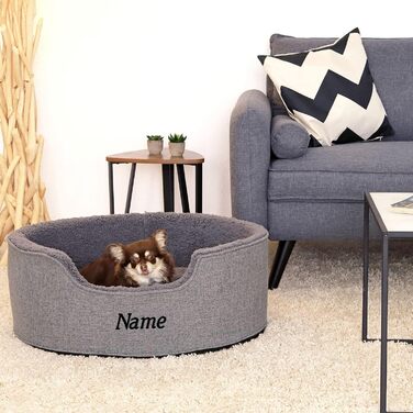 Lionto Dog Bed with Reversible Cushion and Washable Cover, Stable Dog Basket with Anti-Slip Studs, 92x72 cm, Cozy Pet Bed for Dogs and Cats with Plush, (Grey, L 73 x W 60 x H 27 cm (with name tag))